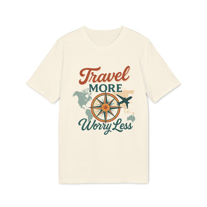 Travel More Worry Less 100% Organic Cotton T-Shirt color crema con gráfico de brújula, mapa mundial y avión, manga corta cuello redondo