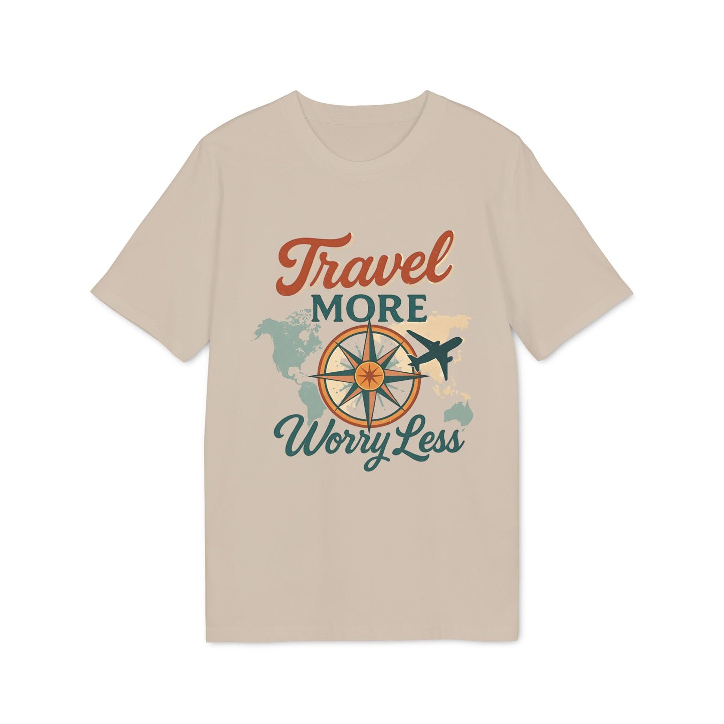 Alt Tag: Travel More Worry Less 100% Organic Cotton T-Shirt beige graphic tee with compass, world map and airplane illustration