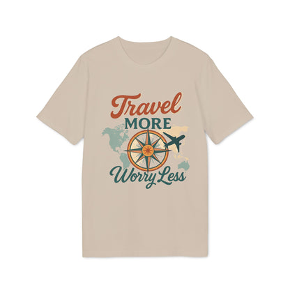 Alt Tag: Travel More Worry Less 100% Organic Cotton T-Shirt beige graphic tee with compass, world map and airplane illustration