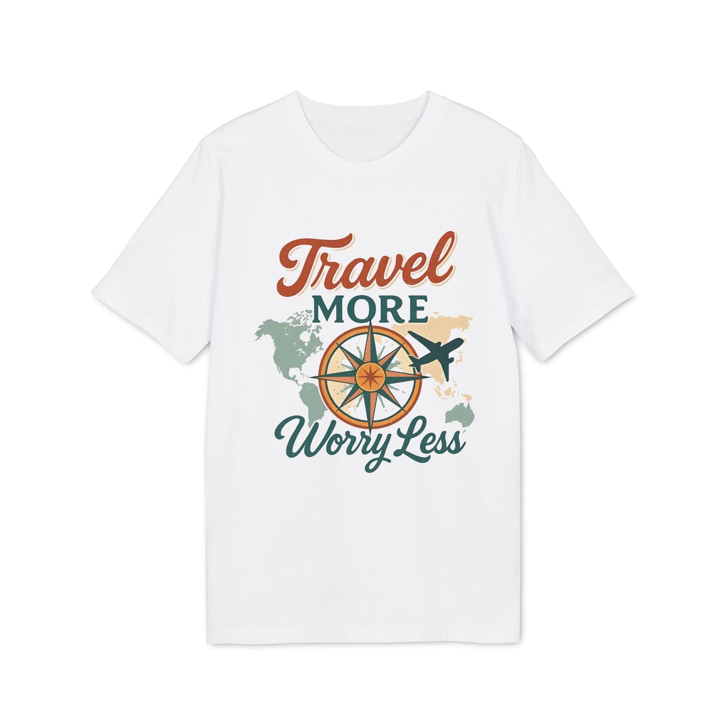 Alt Tag: Travel More Worry Less 100% Organic Cotton T-Shirt, white tee with compass and world map graphic