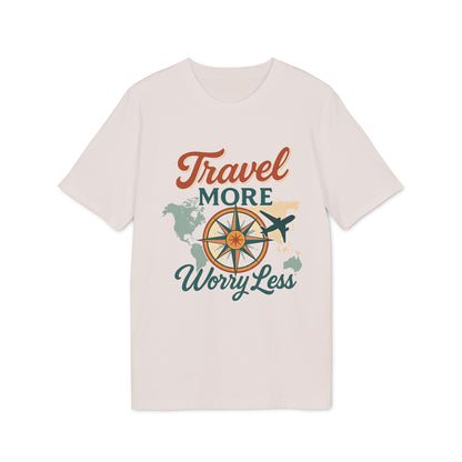 Alt Tag: Travel More Worry Less 100% Organic Cotton T-Shirt con gráfico de brújula, avión y mapa del mundo en camiseta blanca