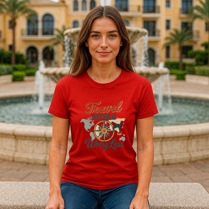 Woman wearing Travel More Worry Less 100% Organic Cotton T-Shirt, red graphic tee with compass design, outdoors by fountain
