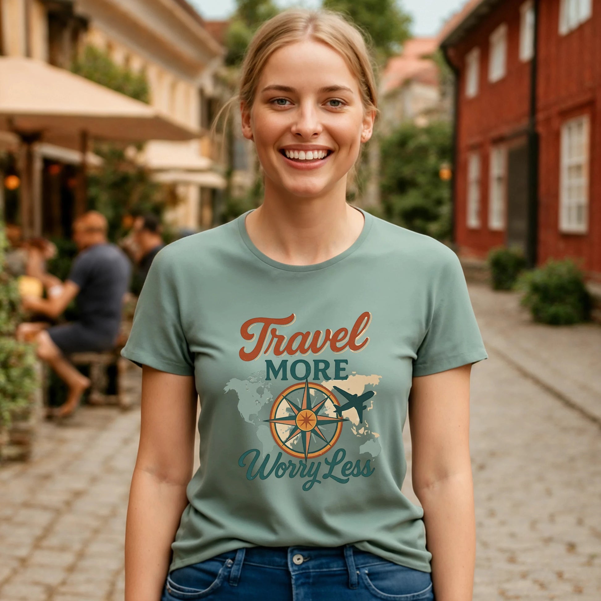 Alt Tag: Travel More Worry Less 100% Organic Cotton T-Shirt worn by woman, travel graphic tee with compass and airplane design