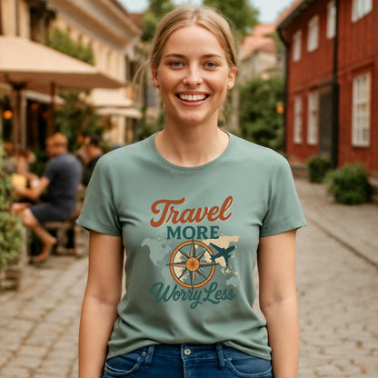 Alt Tag: Travel More Worry Less 100% Organic Cotton T-Shirt worn by woman, travel graphic tee with compass and airplane design