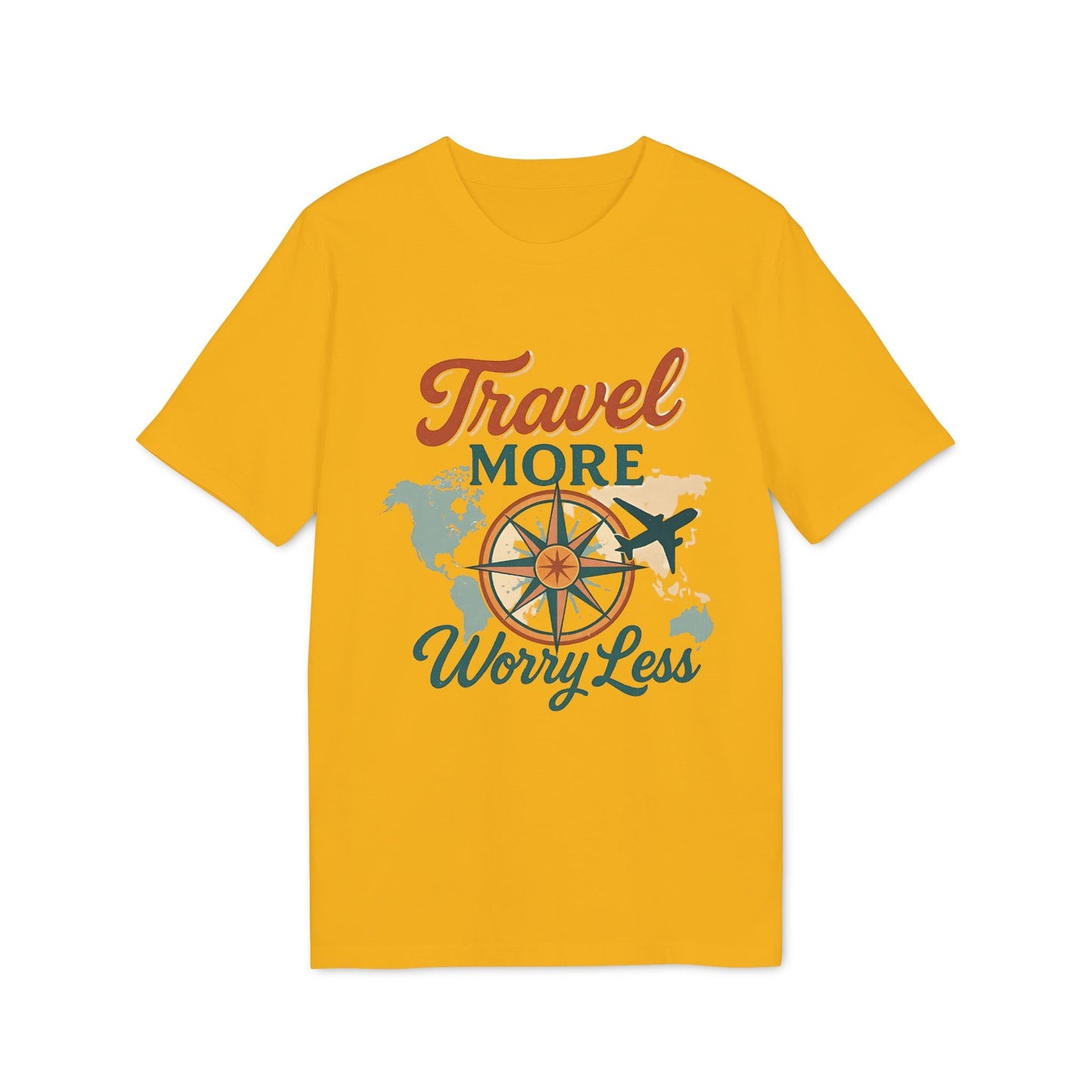 Alt Tag: Travel More Worry Less 100% Organic Cotton T-Shirt amarillo con gráfico de brújula, mapa y avión y texto “Travel More Worry Less”