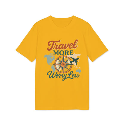 Alt Tag: Travel More Worry Less 100% Organic Cotton T-Shirt amarillo con gráfico de brújula, mapa y avión y texto “Travel More Worry Less”
