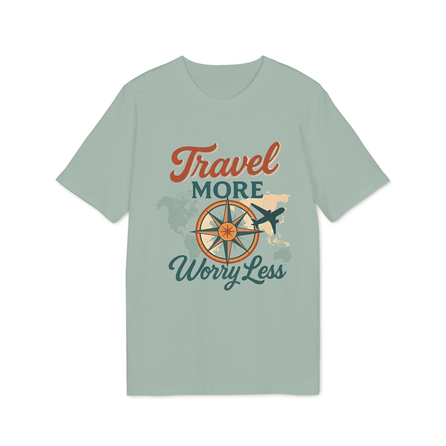 Alt Tag: Travel More Worry Less 100% Organic Cotton T-Shirt with compass, airplane and world map graphic on sage green tee