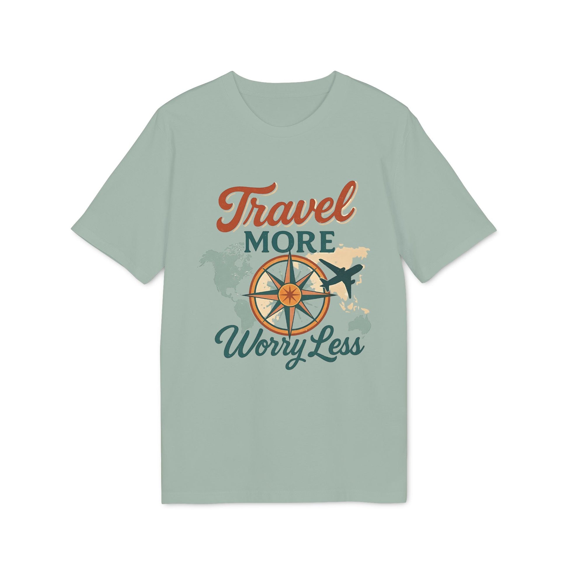 Alt Tag: Travel More Worry Less 100% Organic Cotton T-Shirt with compass, airplane and world map graphic on sage green tee