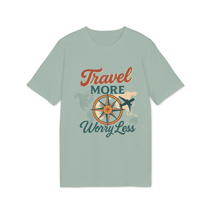 Alt Tag: Travel More Worry Less 100% Organic Cotton T-Shirt with compass, airplane and world map graphic on sage green tee