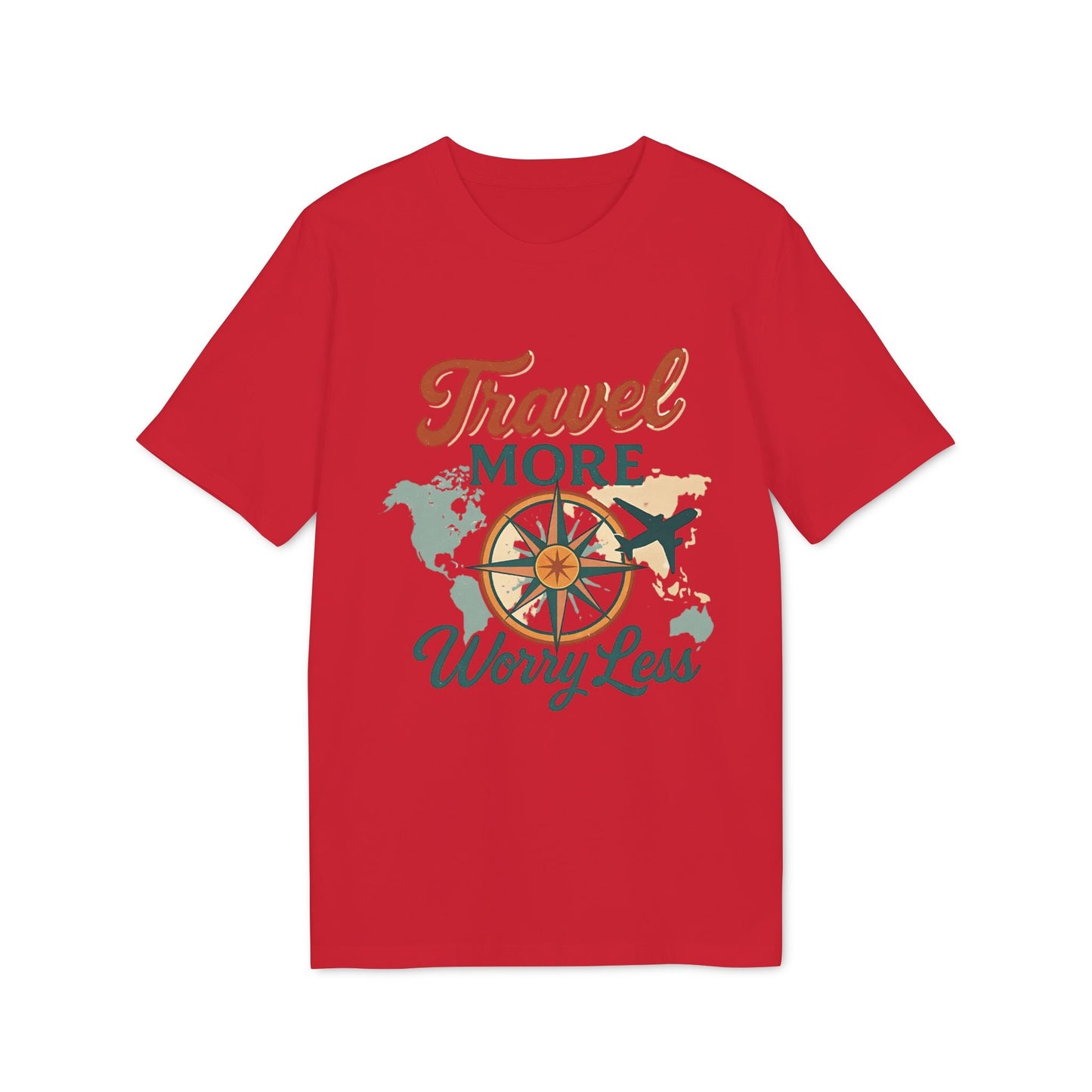 Travel More Worry Less 100% Organic Cotton T-Shirt roja con gráfico de brújula, mapa mundial y avión, vista frontal