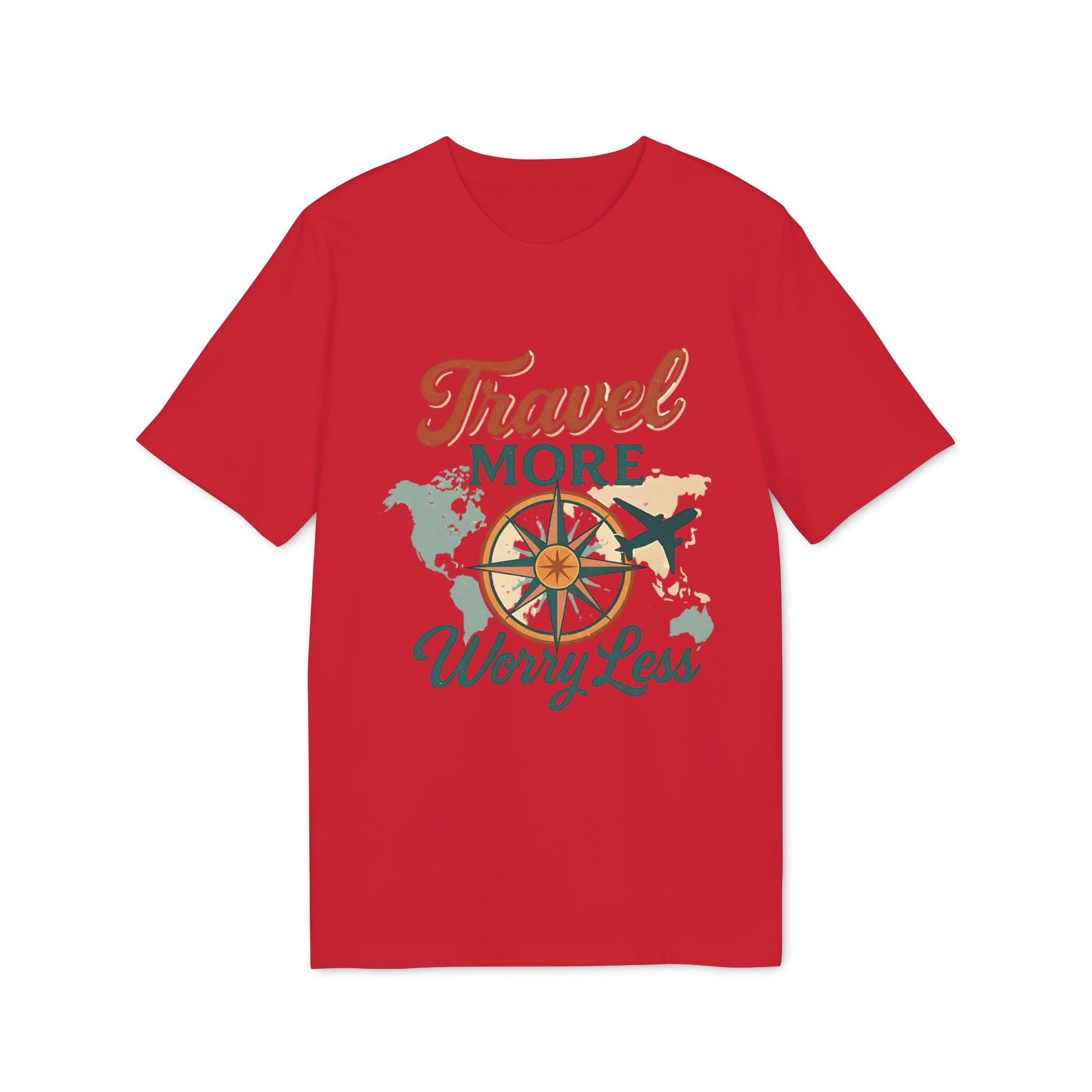 Travel More Worry Less 100% Organic Cotton T-Shirt roja con gráfico de brújula, mapa mundial y avión, vista frontal