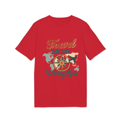 Travel More Worry Less 100% Organic Cotton T-Shirt roja con gráfico de brújula, mapa mundial y avión, vista frontal