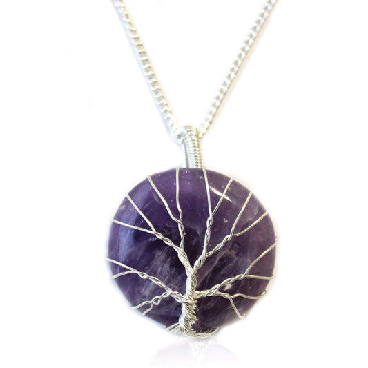 Tree of Life Gemstone Necklace – Amethyst pendant with purple amethyst stone wrapped in silver wire tree design on chain
