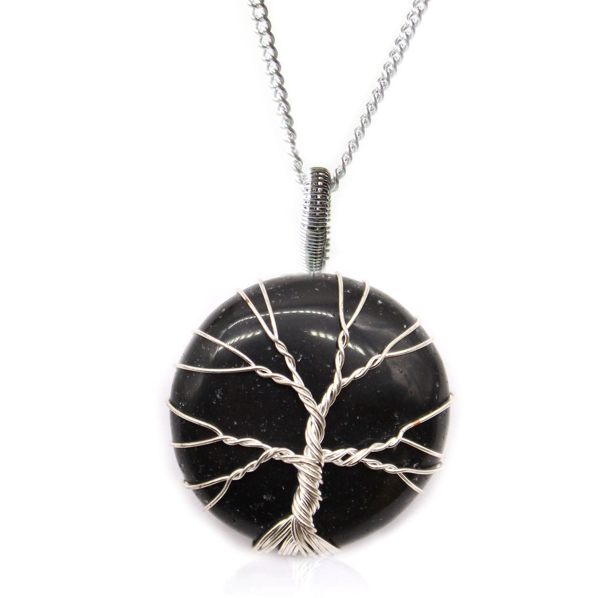 Tree of Life ädelstenshalsband – svart onyxhänge med rund svart onyxsten och tree-design i silvertråd på kedja