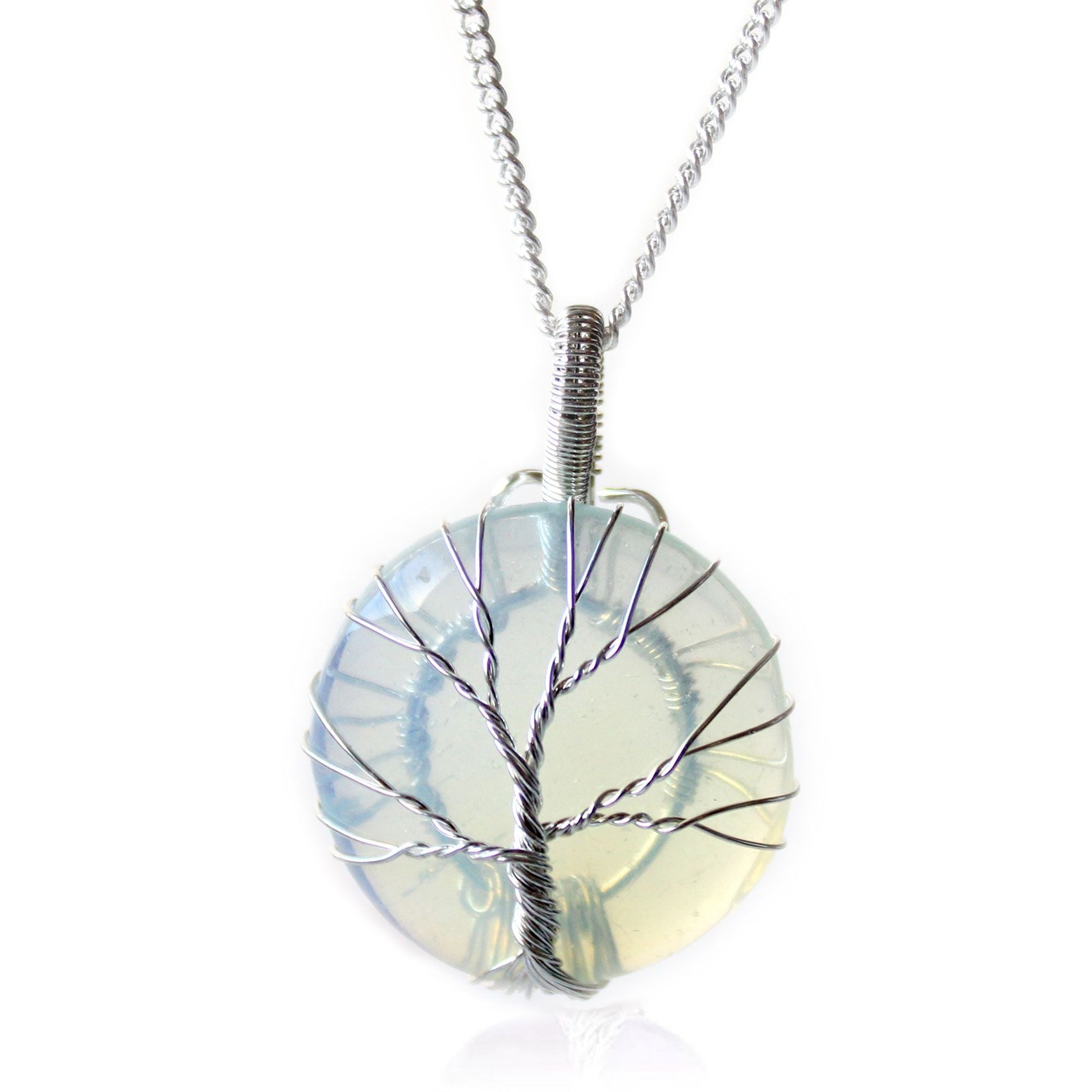 Tree of Life ädelstenshalsband – Opalit, handgjort trådlindat opalit-hänge med träddesign på silverkedja