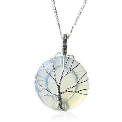 Tree of Life ädelstenshalsband – Opalit, handgjort trådlindat opalit-hänge med träddesign på silverkedja
