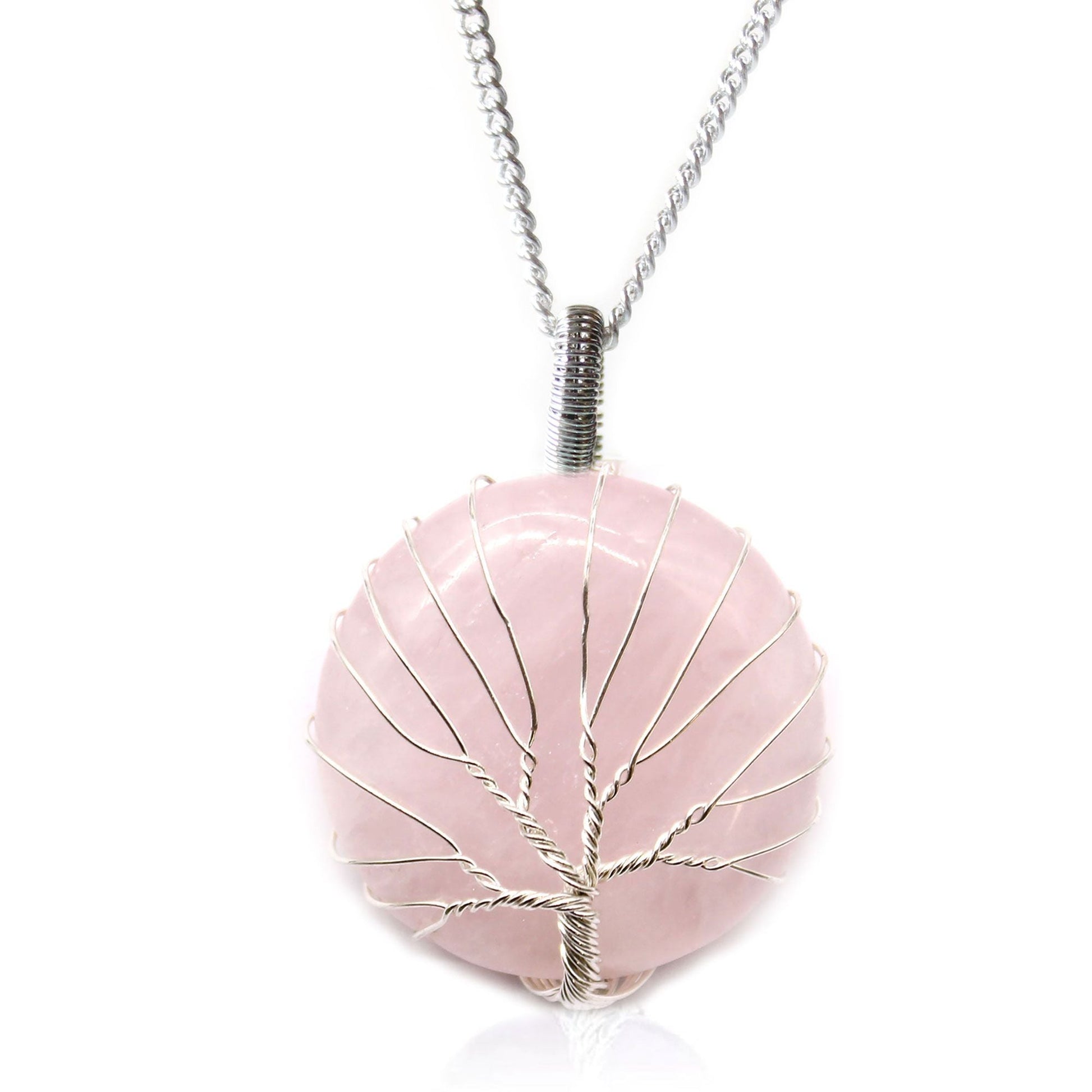 Alt Tag: Tree of Life ädelstenshalsband – Rosenkvarts, trådlindat hänge i rosa rosenkvarts på silverfärgad kedja