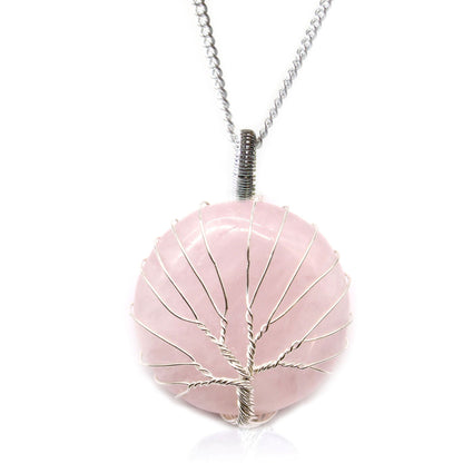 Alt Tag: Tree of Life ädelstenshalsband – Rosenkvarts, trådlindat hänge i rosa rosenkvarts på silverfärgad kedja