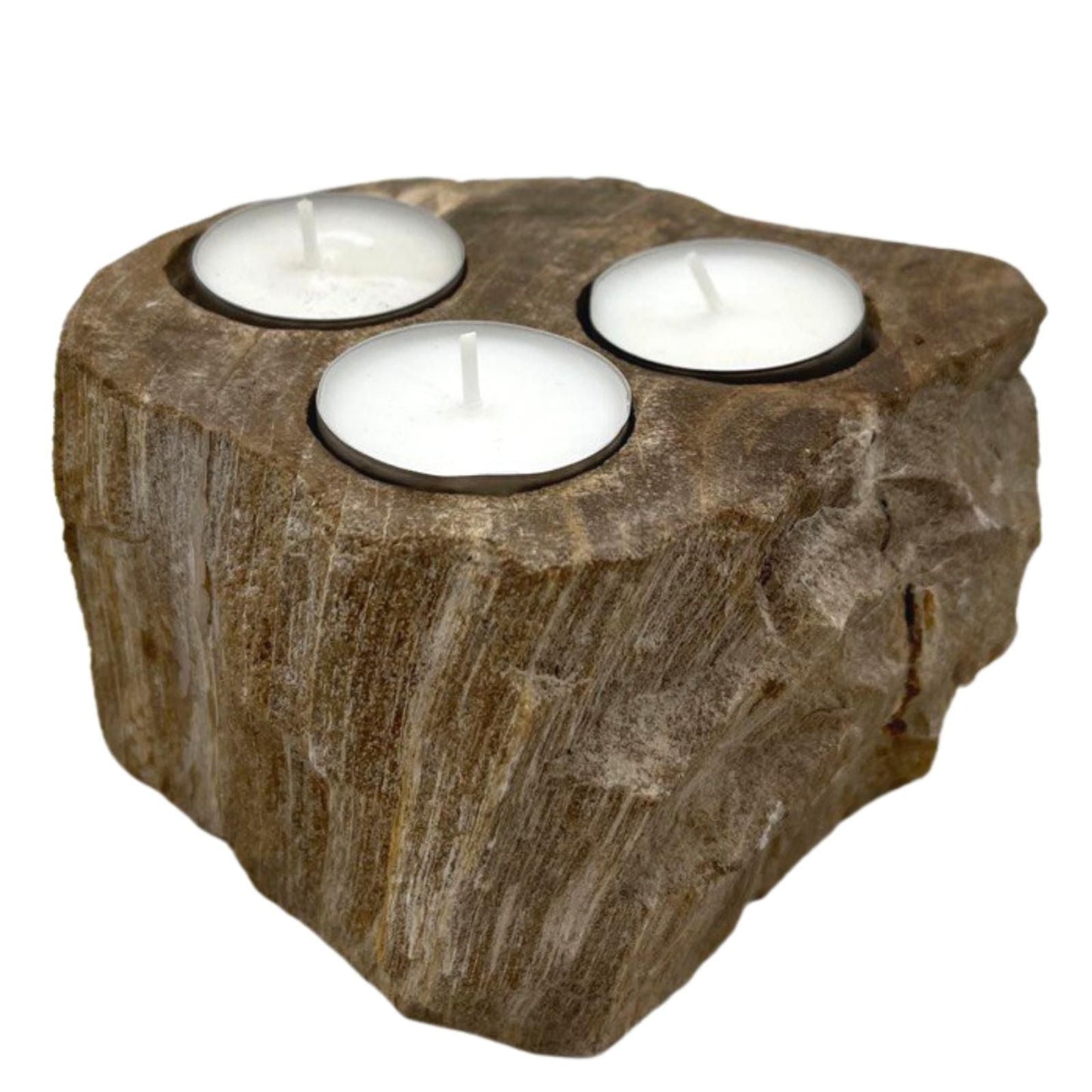 Alt Tag: Triple Petrified Wood Candle Holder – Natural Stone, piedra de madera petrificada con 3 portavelas tipo tealight
