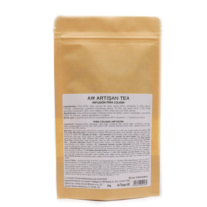 Alt Tag: Tropical Piña Colada Artisan Tea – 50G kraft pouch, artisan loose leaf infusion with pineapple, hibiscus and coconut, product label