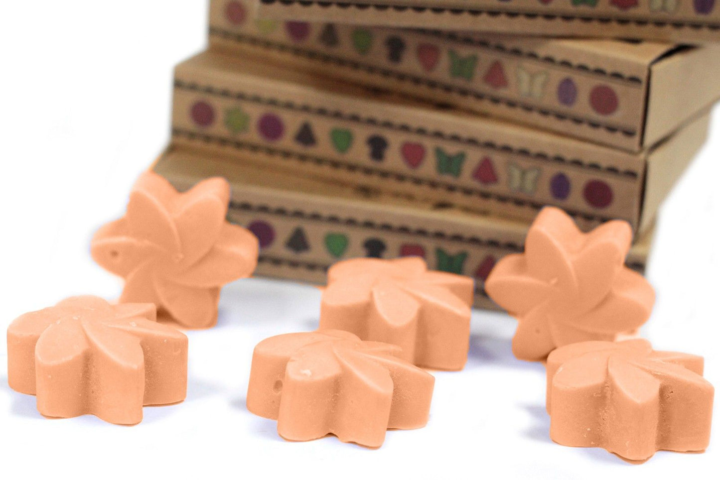 Alt Tag: Tuberose Luxury Wax Melts – Gift Set of 6, six flower-shaped wax melts in gift box, natural soy and palm wax blend