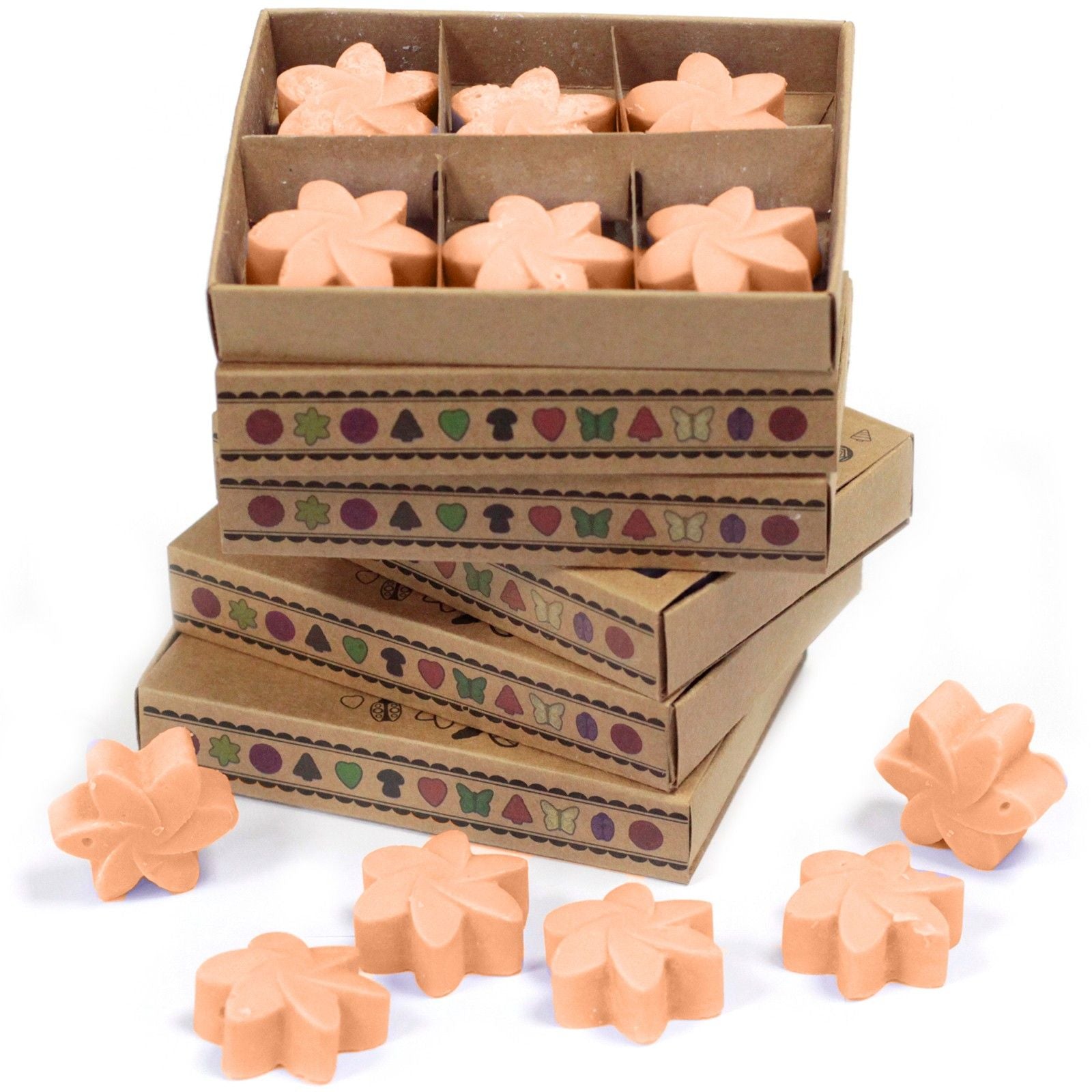 Alt Tag: Tuberose Luxury Wax Melts – Gift Set of 6 con 6 melts en forma de flor, color melocotón, en cajas de regalo apiladas