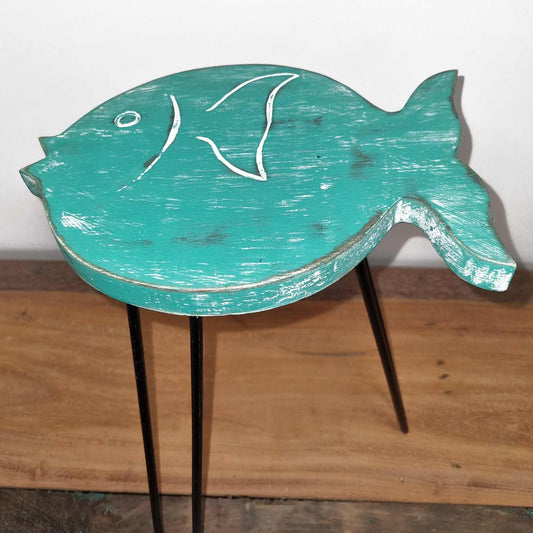 Turquoise Albasia Wood Plant Stand – 26x19.5x37 CM, fish-shaped turquoise wooden top with black metal legs