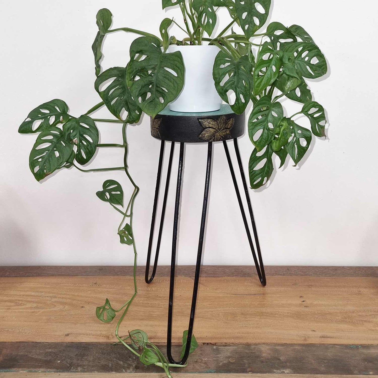 Alt Tag: Turquoise Albasia Wood Plant Stand – Gold Detail with turquoise wood top and gold accents, elevating a potted plant on black legs