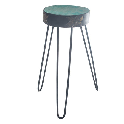 Alt Tag: Turquoise Albasia Wood Plant Stand – Gold Detail, turquoise round top with gold accents on tall black metal hairpin legs
