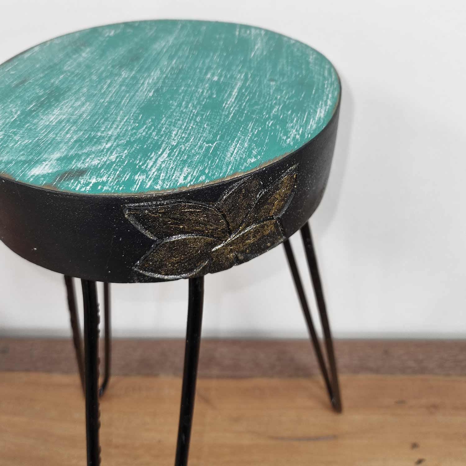 Alt Tag: Turquoise Albasia Wood Plant Stand – Gold Detail, turquoise round albasia wood top with gold detail and black metal legs