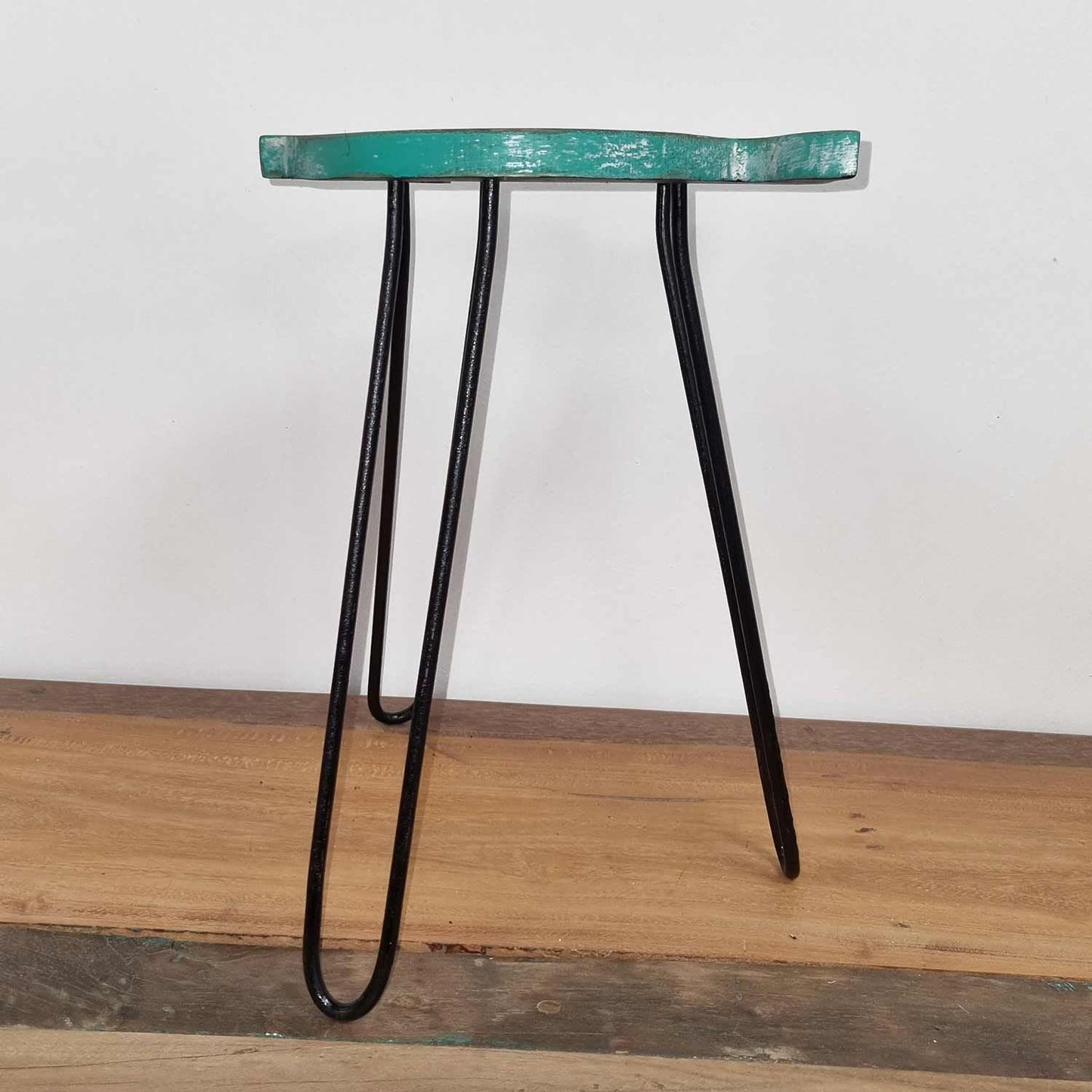 Alt Tag: Turquoise Albasia Wood Plant Stand – 26x19.5x37 CM, turquoise wood top with black metal hairpin legs, indoor plant stand
