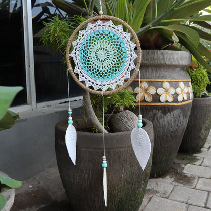 Turquoise Elemental Spirits Dream Catcher – Large, 65x27 CM handcrafted seagrass and cotton dreamcatcher with turquoise center, beads and white feathers