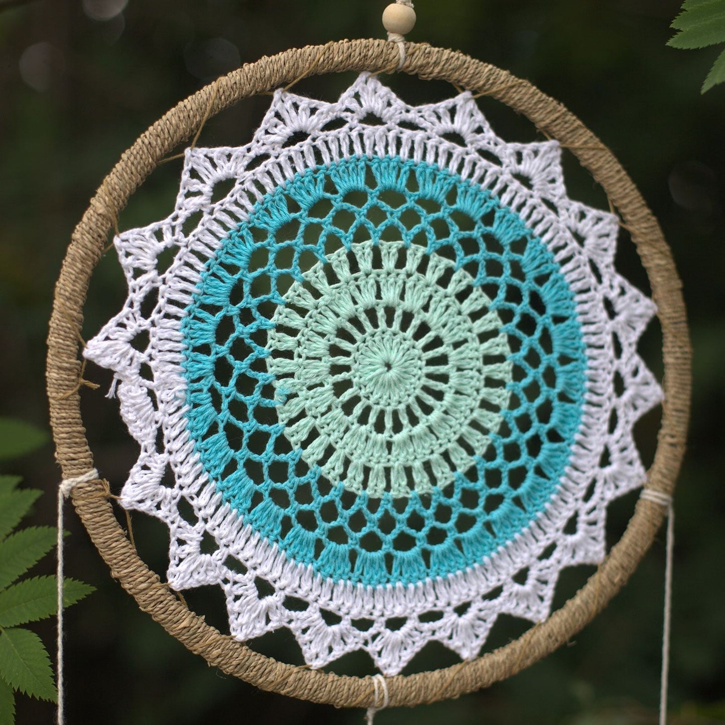 Turquoise Elemental Spirits Dream Catcher – Large, 65x27 CM handmade seagrass hoop with turquoise crochet center and white lace detail