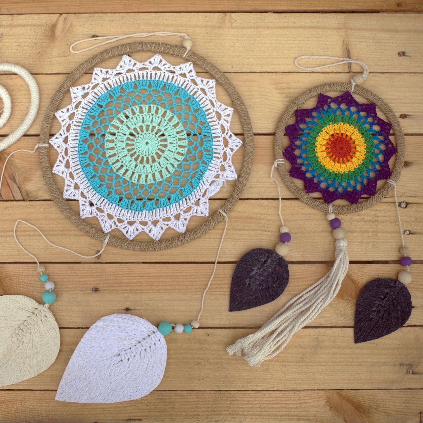 Turquoise Elemental Spirits Dream Catcher – Large, 65x27 CM with turquoise crochet center, lace edge, wooden beads and leaf pendants