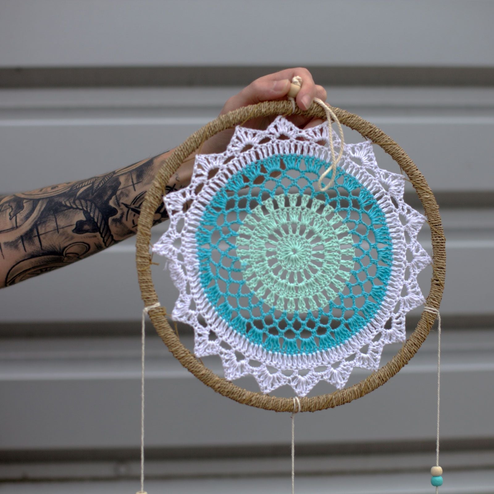 Turquoise Elemental Spirits Dream Catcher – Large, 65x27 CM handmade seagrass hoop with turquoise crochet web, cotton strings and beads