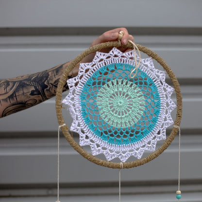 Turquoise Elemental Spirits Dream Catcher – Large, 65x27 CM handmade seagrass hoop with turquoise crochet web, cotton strings and beads