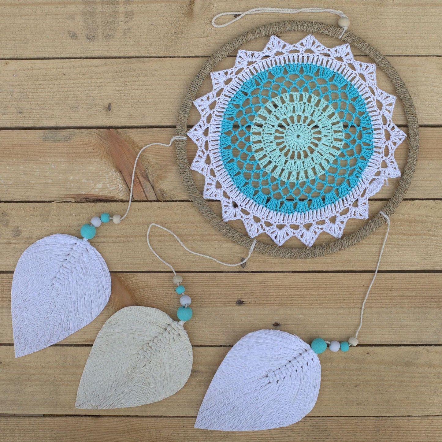 Turquoise Elemental Spirits Dream Catcher – Large, 65x27 CM, seagrass hoop with turquoise crochet center, wooden beads and white leaf tassels