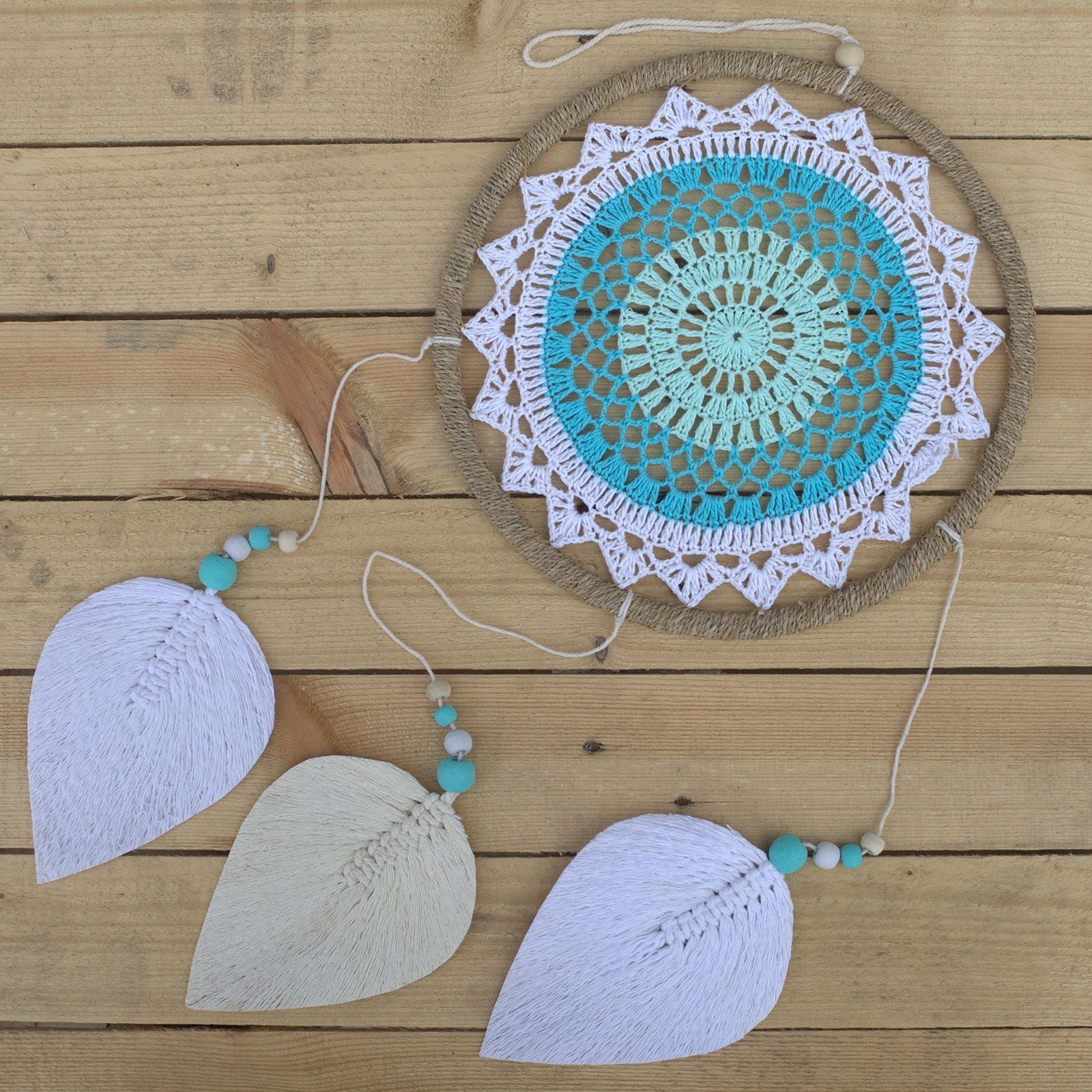 Turquoise Elemental Spirits Dream Catcher – Large, 65x27 CM, seagrass hoop with turquoise crochet center, wooden beads and white leaf tassels