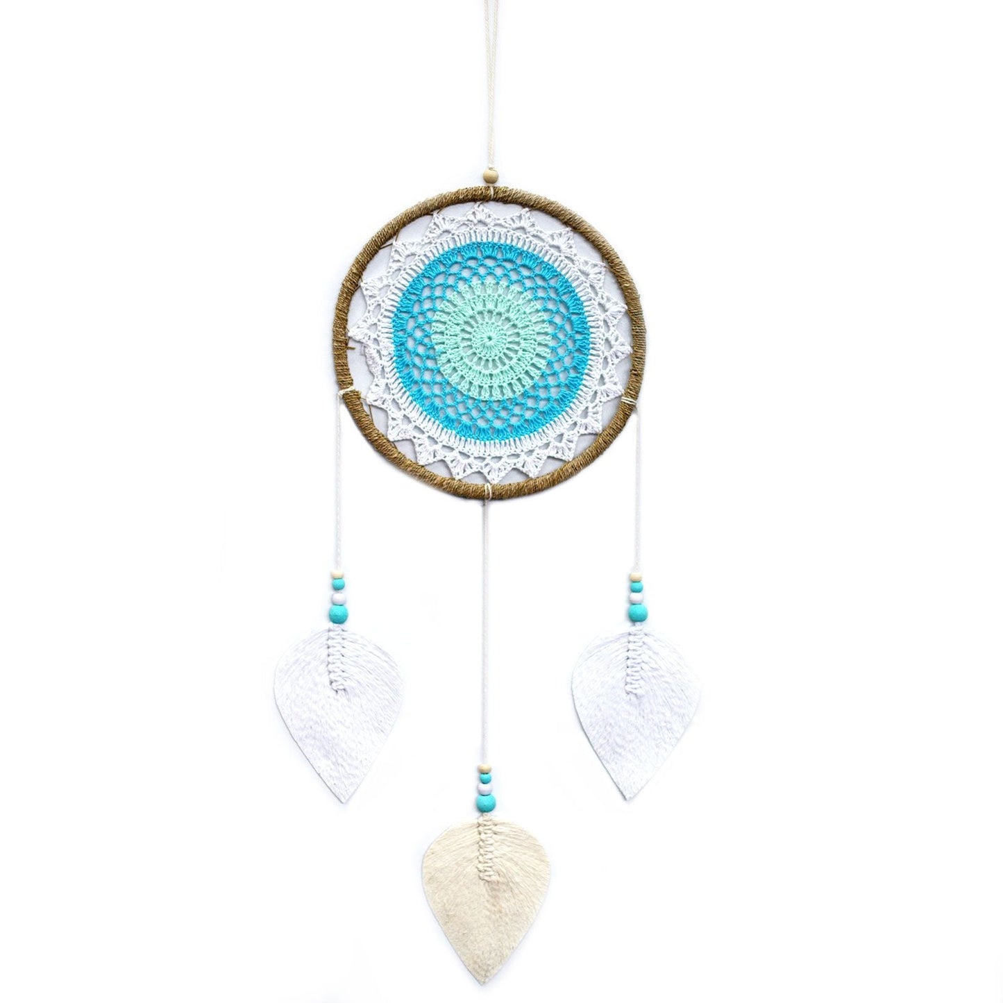 Turquoise Elemental Spirits Dream Catcher – Large, 65x27 CM with turquoise woven center, white lace ring, beads and three leaf-shaped feathers
