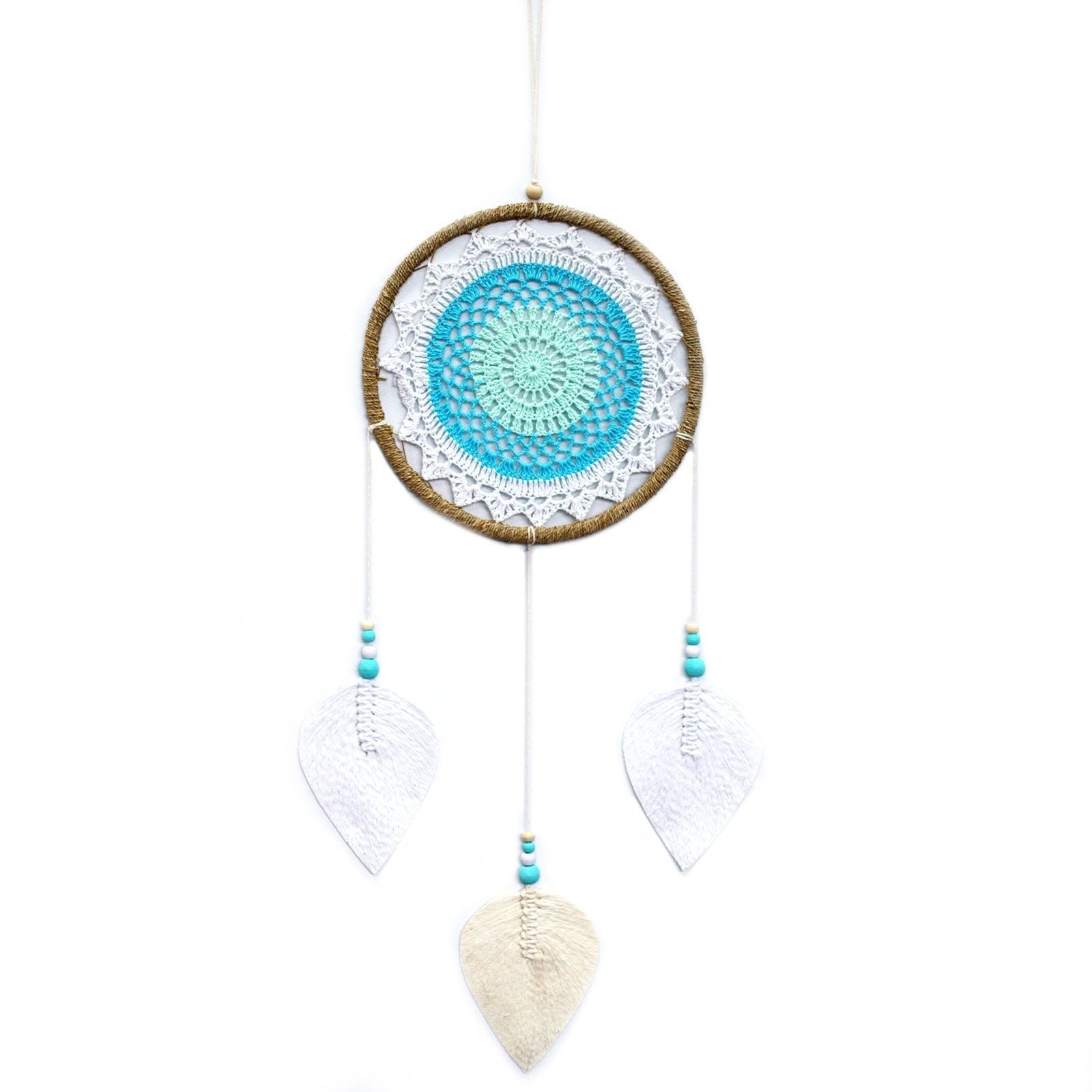 Turquoise Elemental Spirits Dream Catcher – Large, 65x27 CM with turquoise woven center, white lace ring, beads and three leaf-shaped feathers