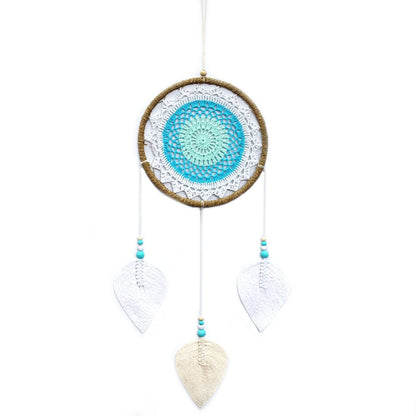 Turquoise Elemental Spirits Dream Catcher – Large, 65x27 CM with turquoise woven center, white lace ring, beads and three leaf-shaped feathers