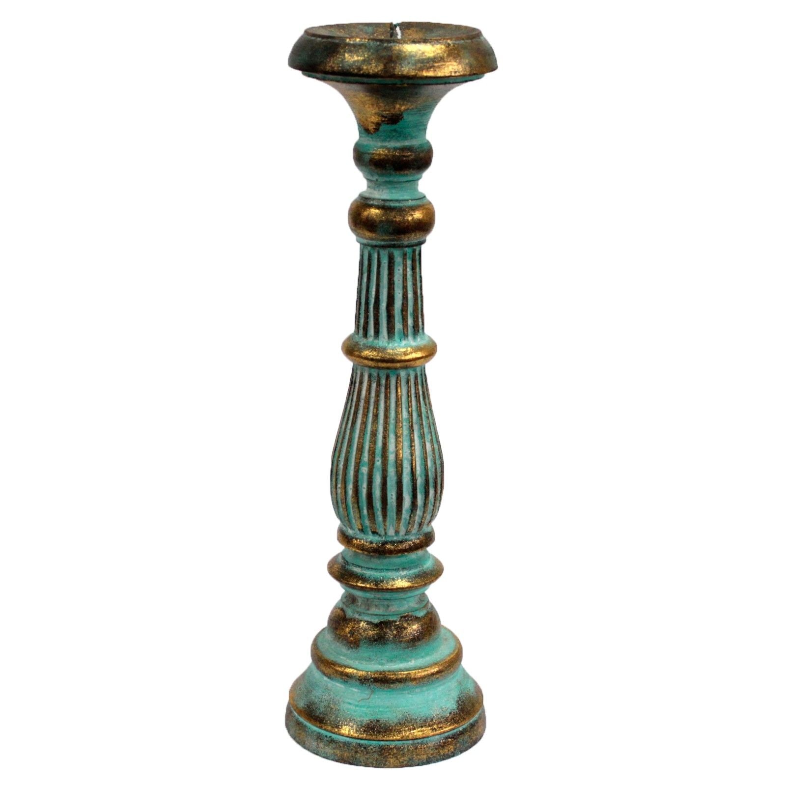 Turquoise Gold Large Candle Stand – Decorative Metal, tall turquoise and gold metal candlestick holder, ribbed column base