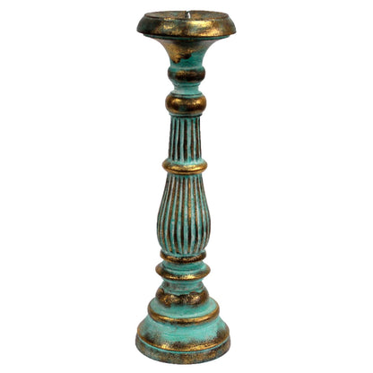 Turquoise Gold Large Candle Stand – Decorative Metal, tall turquoise and gold metal candlestick holder, ribbed column base