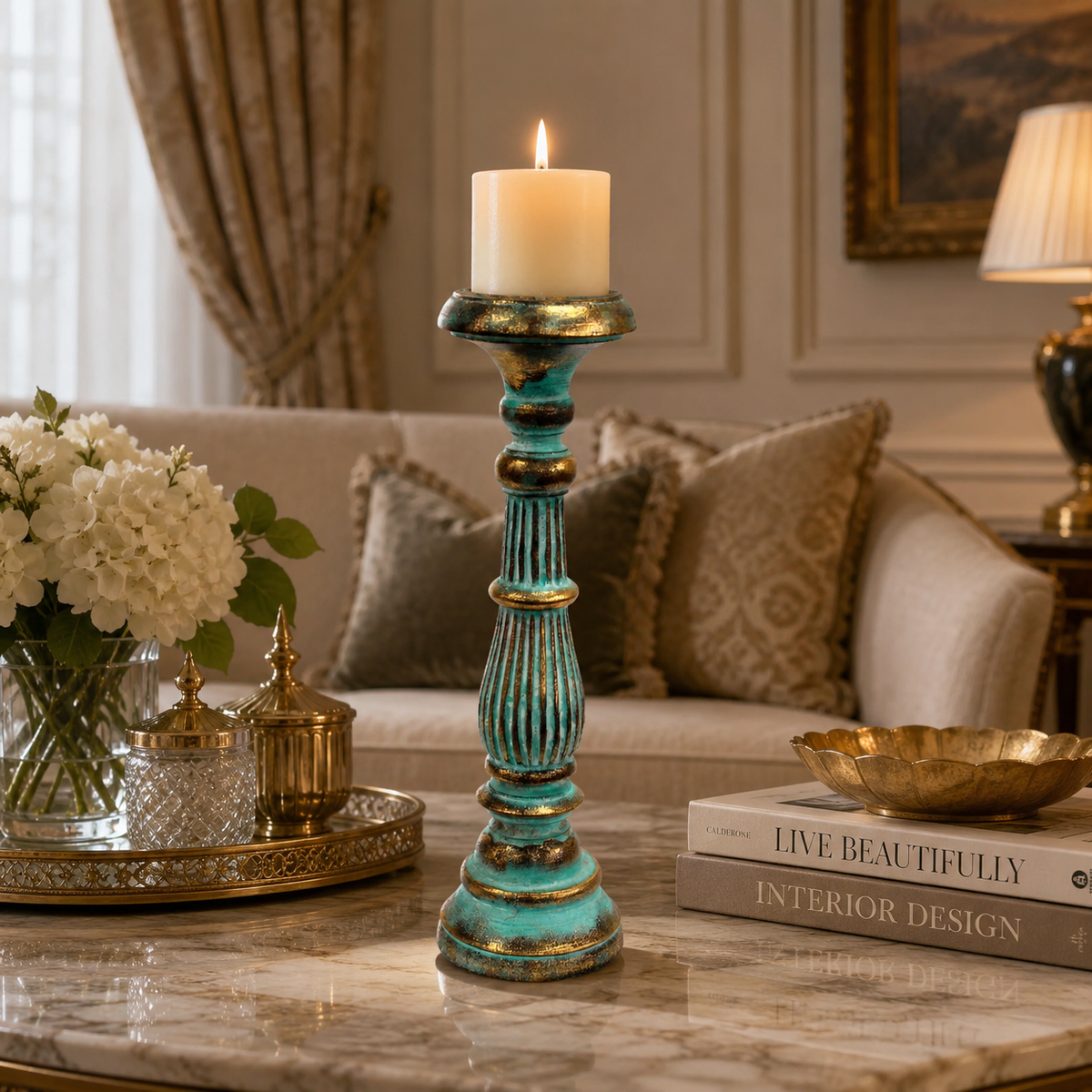Turquoise Gold Large Candle Stand – Decorative Metal