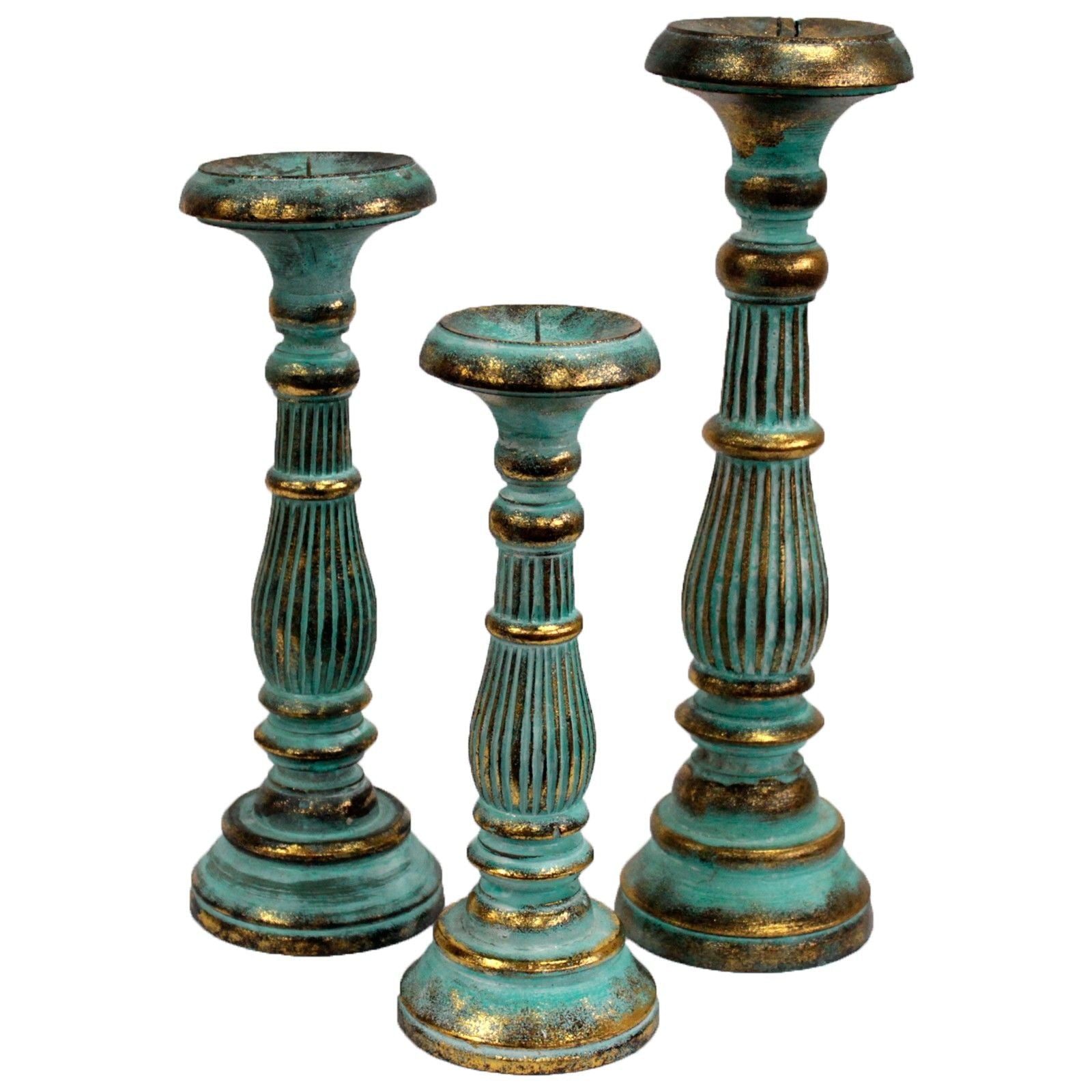 Turquoise Gold Medium Candle Stand – Decorative Metal set of three turquoise and gold metal candle holders, medium height, vintage finish