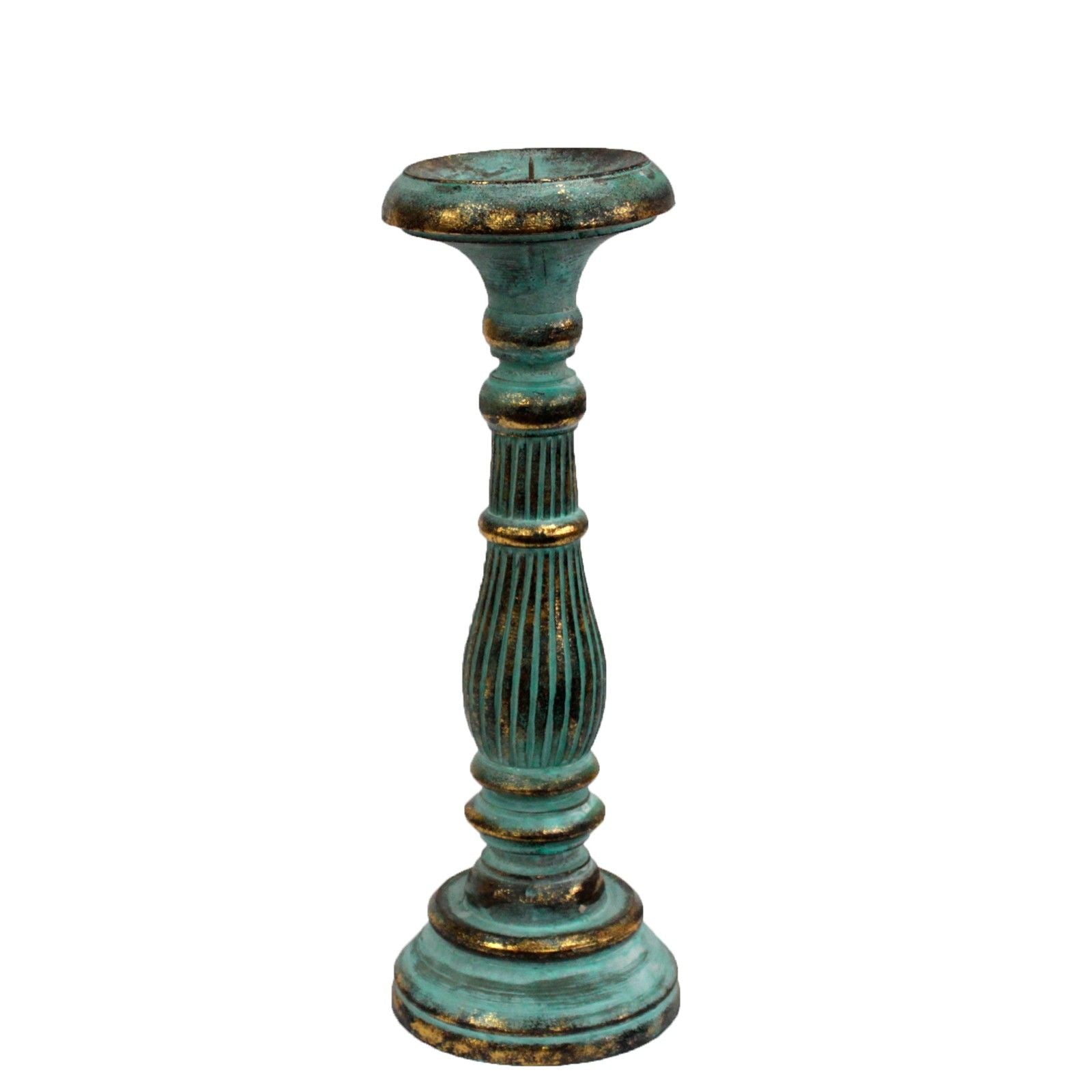 Alt Tag: Turquoise Gold Medium Candle Stand – Decorative Metal, teal turquoise patina metal candle holder with gold accents, medium height