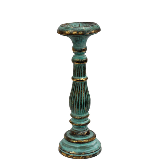 Alt Tag: Turquoise Gold Medium Candle Stand – Decorative Metal, teal turquoise patina metal candle holder with gold accents, medium height