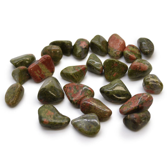 Unakite Gemstone Tumble Stones – 24 Pack green and pink polished unakite tumbled stones on white background