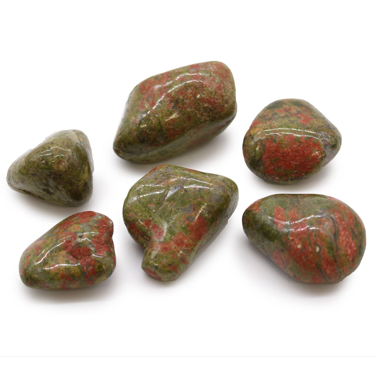 Alt Tag: Unakite Gemstone Tumble Stones – Large Set of 6, polished green and pink unakite stones for decor or display