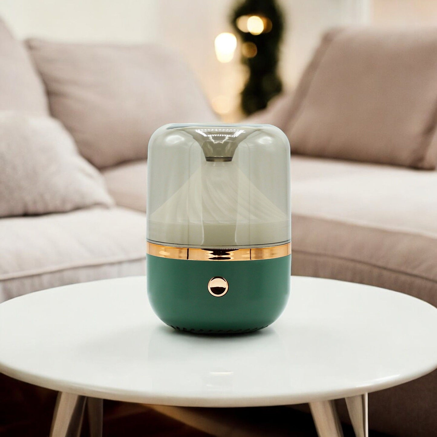 Alt Tag: Urban Aroma Diffuser – Grön & Brons – USB – Färgskiftning på vitt bord, modern aromadiffuser för eteriska oljor med LED-ljus som skiftar färg